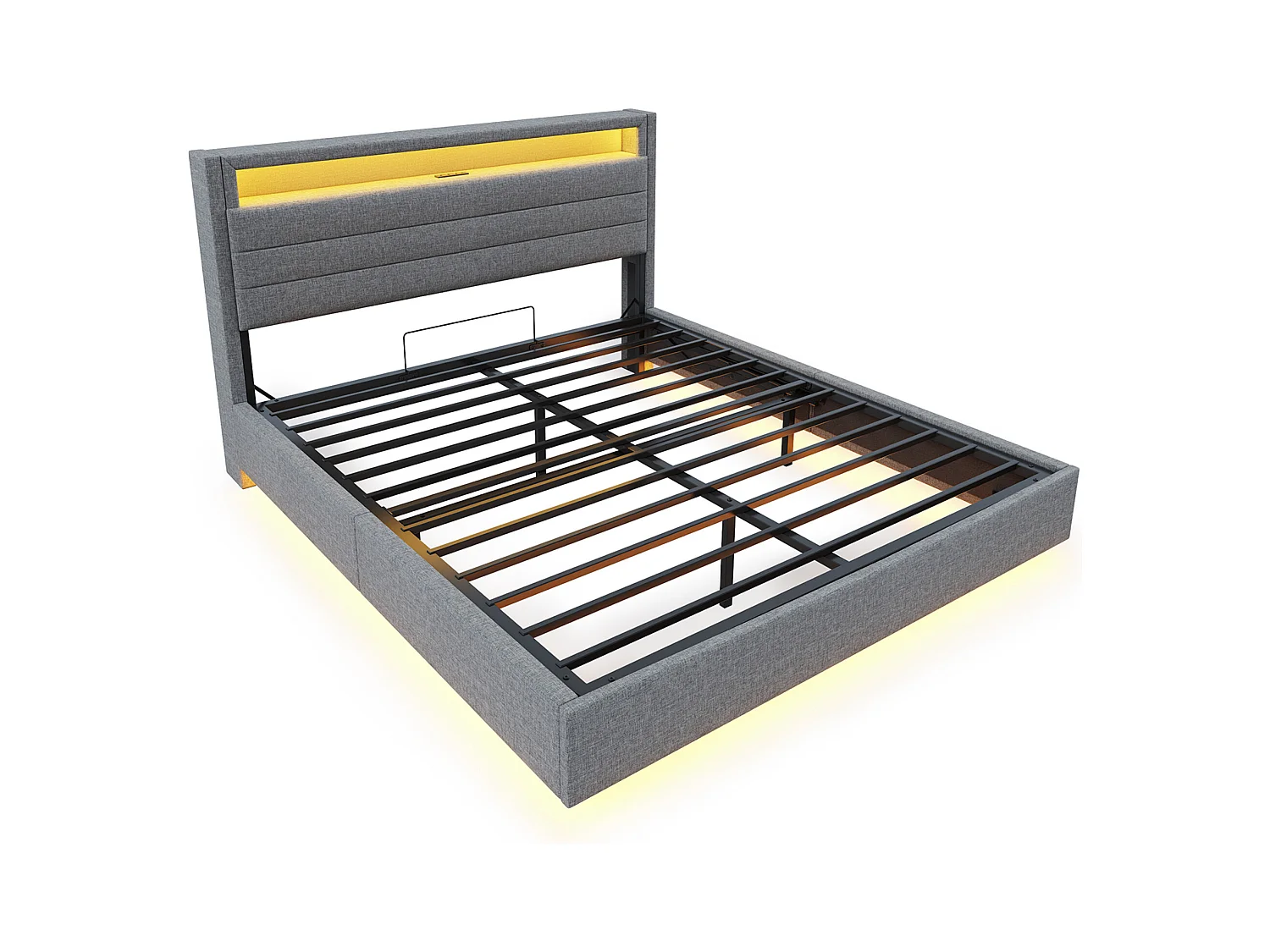 Lit 160x200 cm gris avec cadre flottant hydraulique, rangement, port USB, lumière LED, tête de lit réversible, tissu en lin