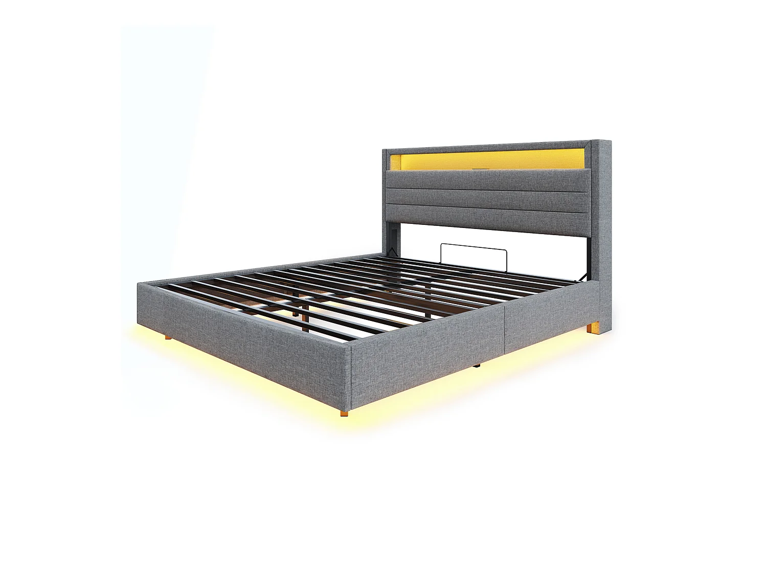 Lit 160x200 cm gris avec cadre flottant hydraulique, rangement, port USB, lumière LED, tête de lit réversible, tissu en lin