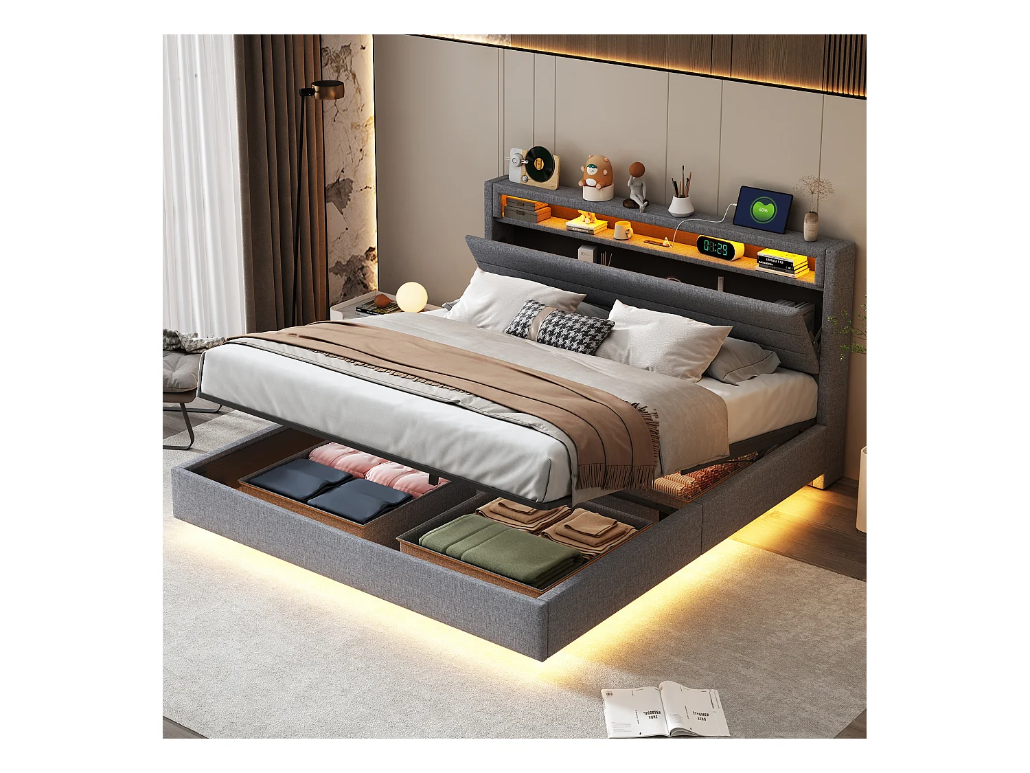 Lit 160x200 cm gris avec cadre flottant hydraulique, rangement, port USB, lumière LED, tête de lit réversible, tissu en lin