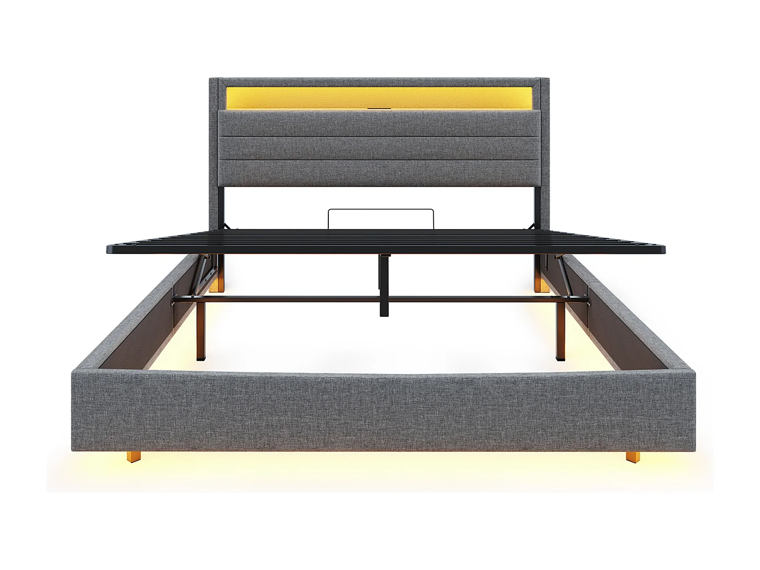 Lit 160x200 cm gris avec cadre flottant hydraulique, rangement, port USB, lumière LED, tête de lit réversible, tissu en lin