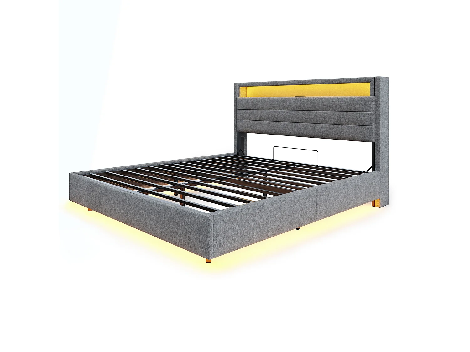 Lit 160x200 cm gris avec cadre flottant hydraulique, rangement, port USB, lumière LED, tête de lit réversible, tissu en lin