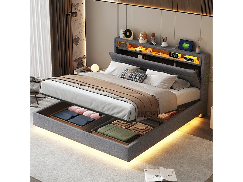 Lit 160x200 cm gris avec cadre flottant hydraulique, rangement, port USB, lumière LED, tête de lit réversible, tissu en lin