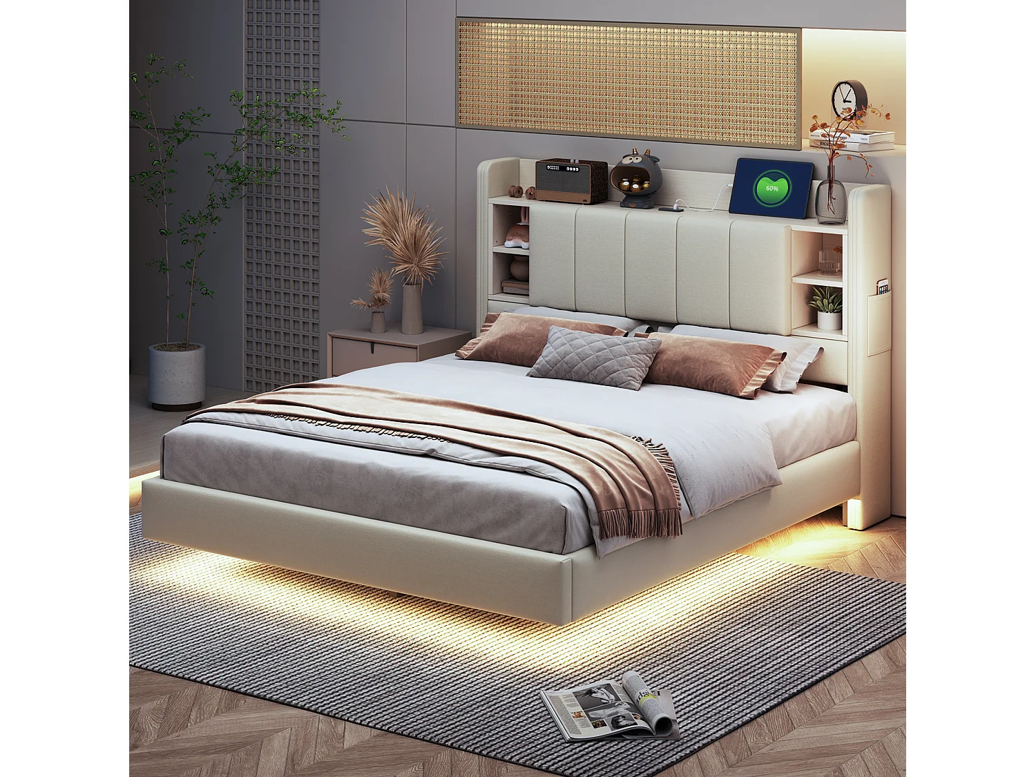 Lit Polster 140 x 200 cm, avec prise USB et barre lumineuse, tête de lit réversible avec étagères et tiroirs, cadre métallique stable, tissu lin beige.