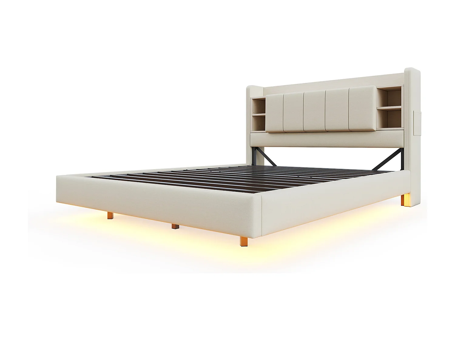 Lit Polster 140 x 200 cm, avec prise USB et barre lumineuse, tête de lit réversible avec étagères et tiroirs, cadre métallique stable, tissu lin beige.