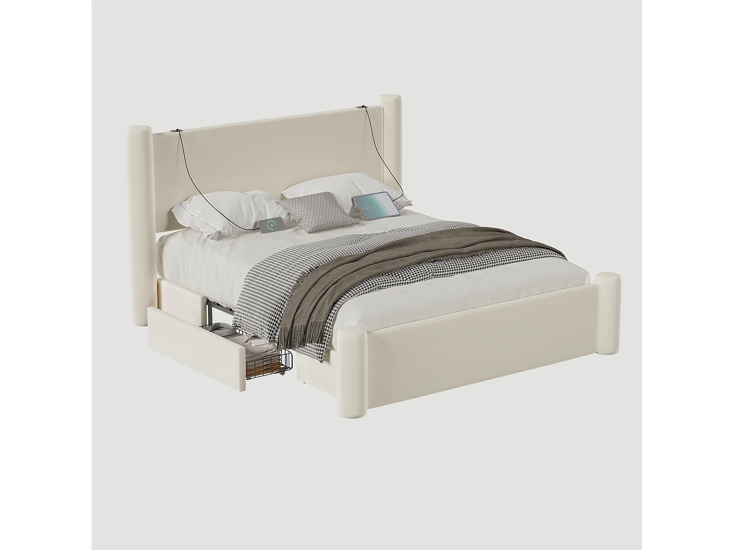 Cadre de lit 140x200 cm moderne, tête de lit rembourrée 3D, 2 tiroirs de rangement, ports USB intégrés – confort et style pratique pour chambre, beige.