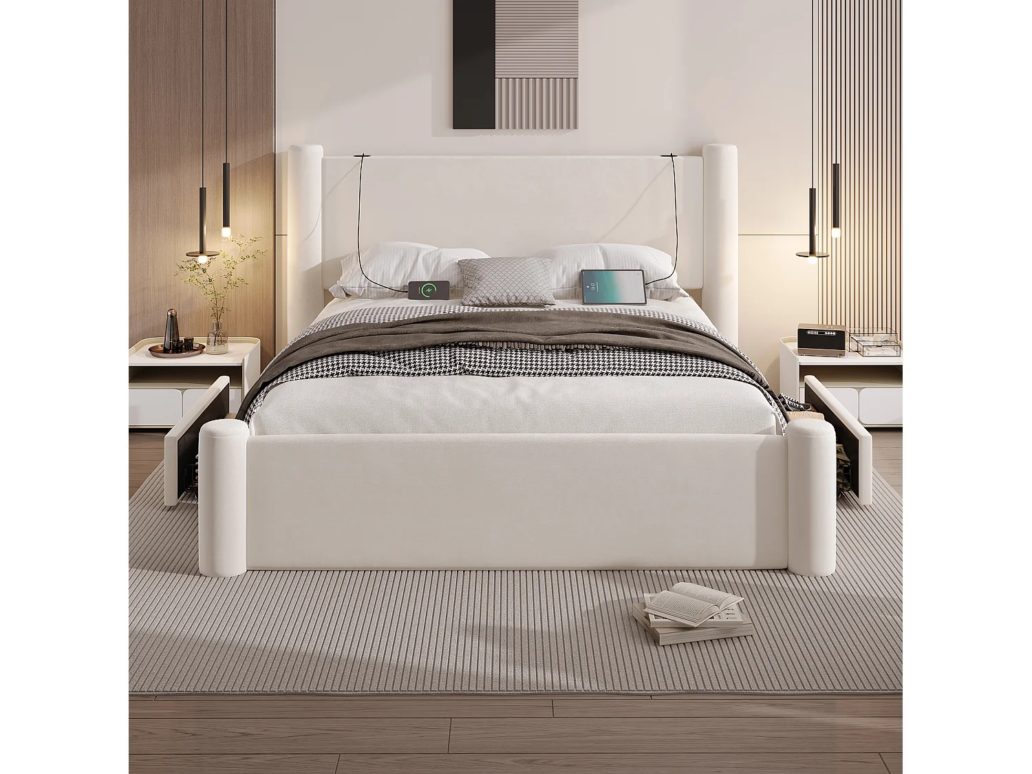 Cadre de lit 140x200 cm moderne, tête de lit rembourrée 3D, 2 tiroirs de rangement, ports USB intégrés – confort et style pratique pour chambre, beige.