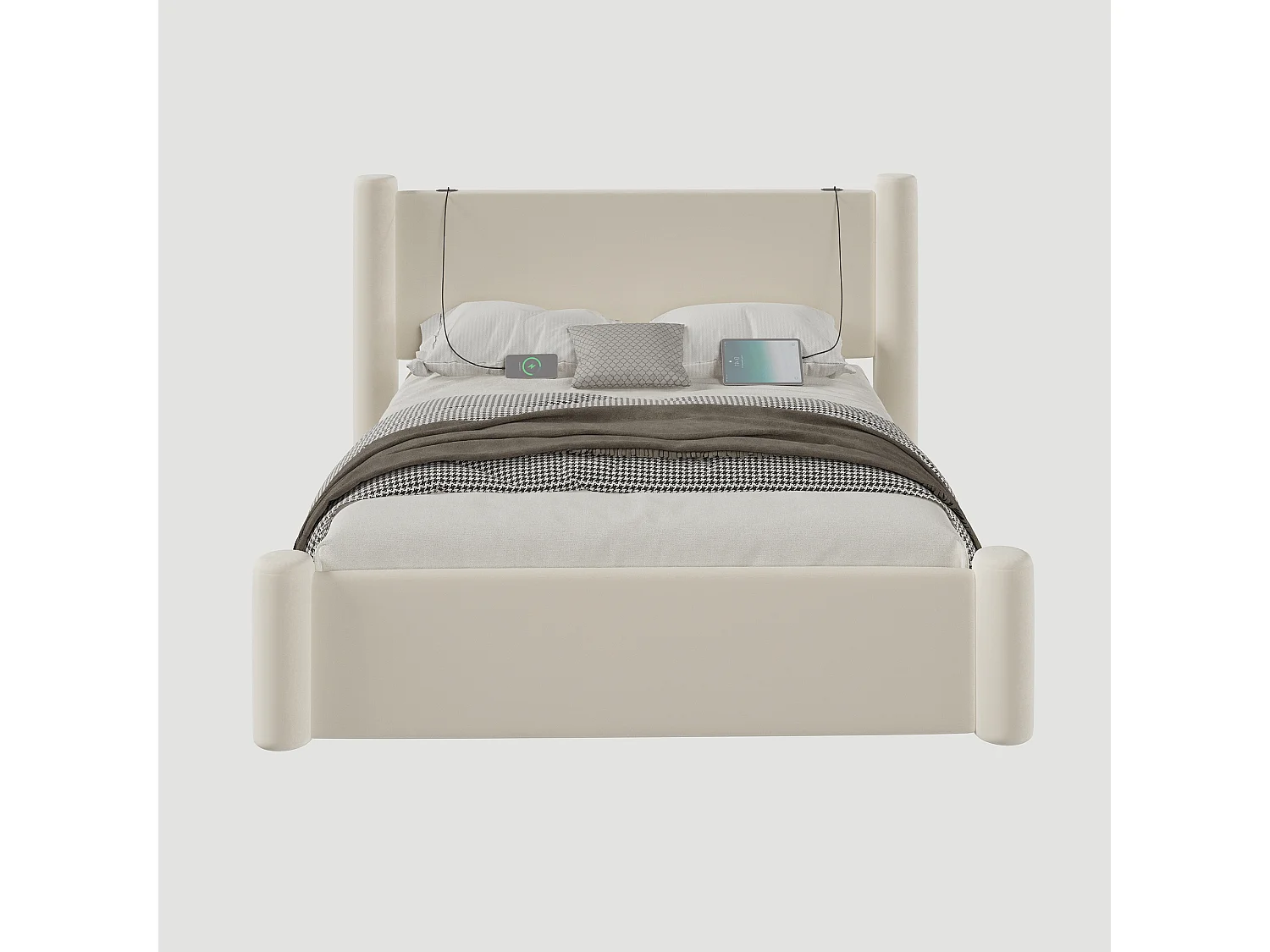 Cadre de lit 140x200 cm moderne, tête de lit rembourrée 3D, 2 tiroirs de rangement, ports USB intégrés – confort et style pratique pour chambre, beige.