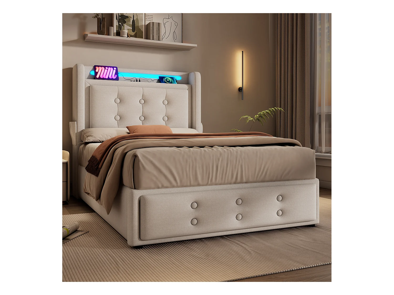 Lit individuel 90x200 avec tête de lit LED et port USB-C, lit hydraulique avec sommier en bois et cadre métallique, capacité 150 kg, beige, coton (sans matelas)
