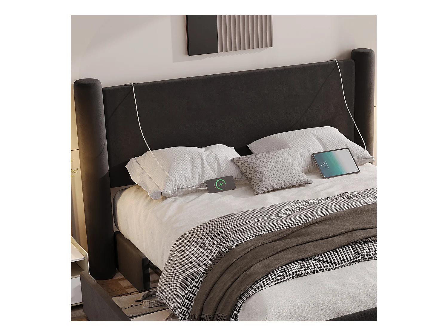 Cadre de lit 140x200 cm moderne, tête de lit rembourrée 3D, 2 tiroirs de rangement et ports USB intégrés – confort et style pratique, noir, sans matelas.