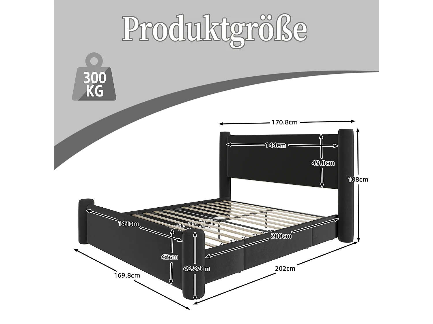 Cadre de lit 140x200 cm moderne, tête de lit rembourrée 3D, 2 tiroirs de rangement et ports USB intégrés – confort et style pratique, noir, sans matelas.