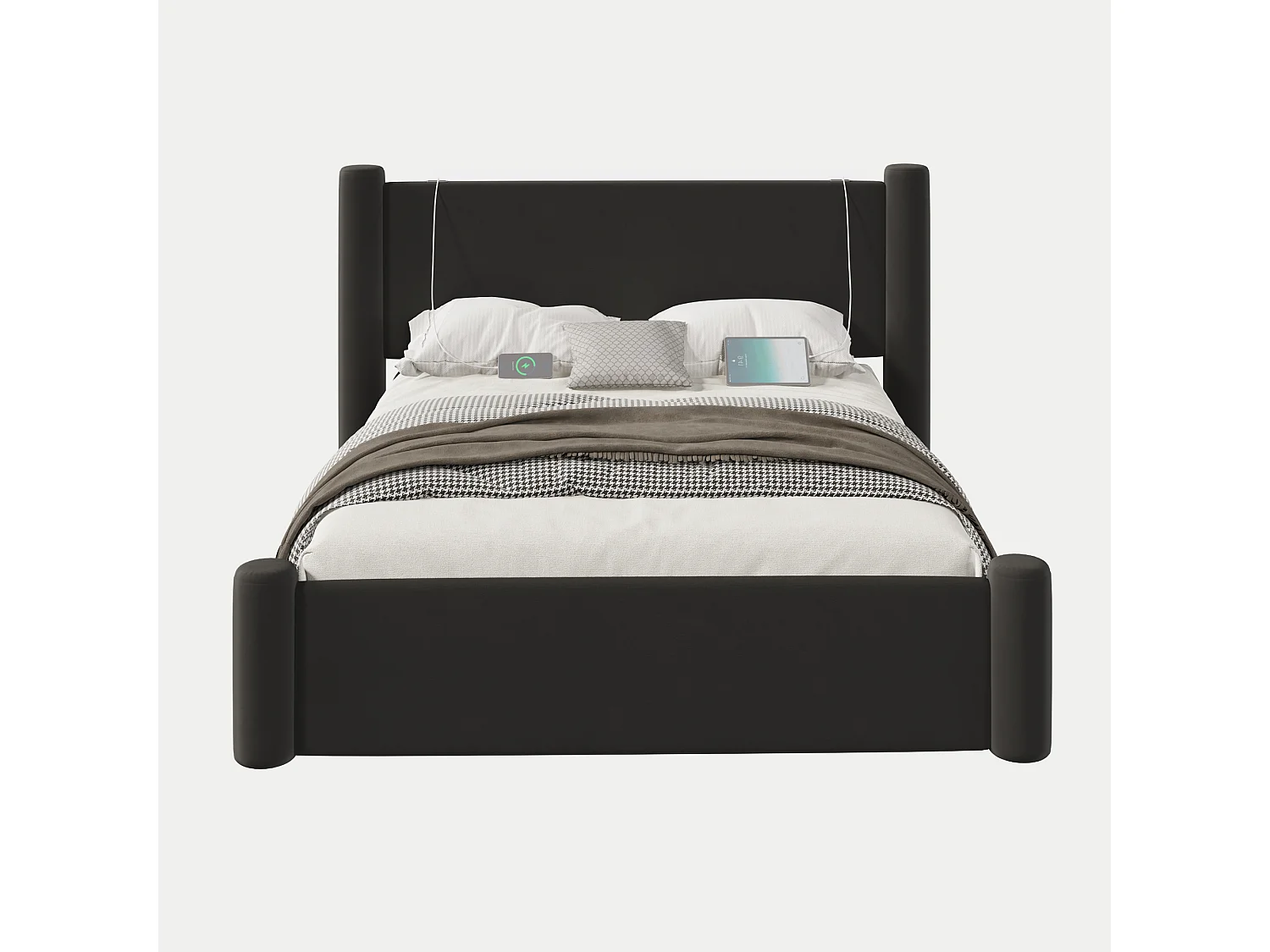 Cadre de lit 140x200 cm moderne, tête de lit rembourrée 3D, 2 tiroirs de rangement et ports USB intégrés – confort et style pratique, noir, sans matelas.
