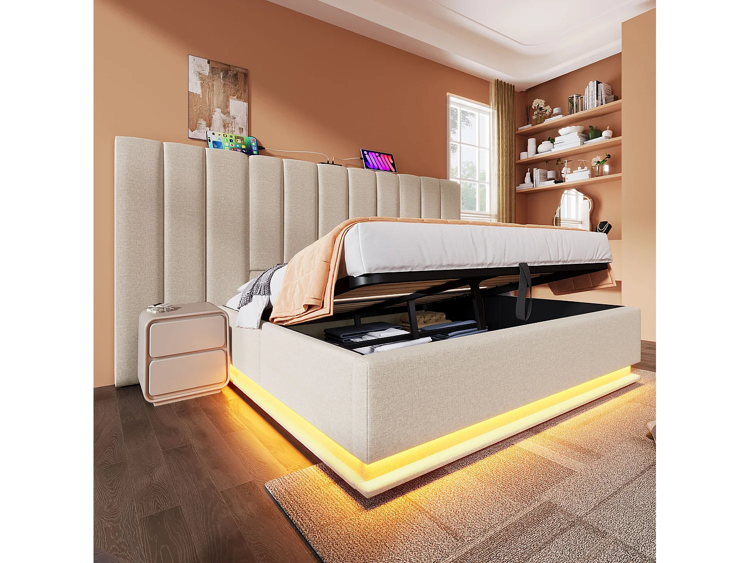 Lit rembourré 160x200 cm avec rangement, LED contrôlées par application, port USB-C, cadre en lin beige, lit double, sans matelas ni table de nuit.
