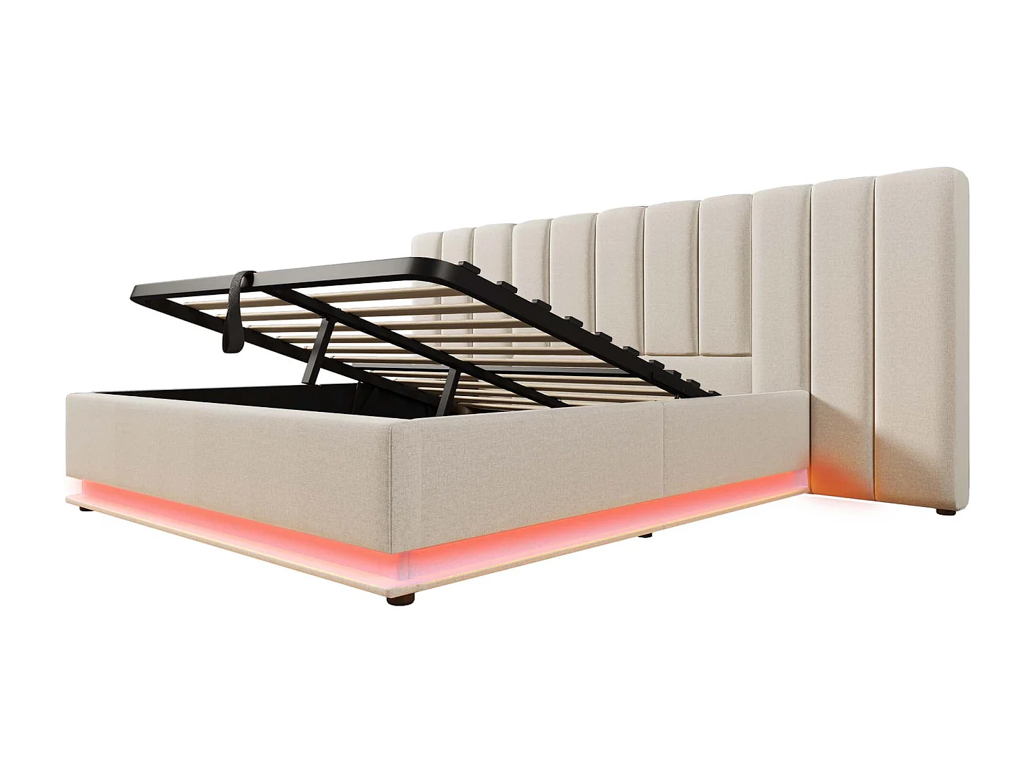 Lit rembourré 160x200 cm avec rangement, LED contrôlées par application, port USB-C, cadre en lin beige, lit double, sans matelas ni table de nuit.