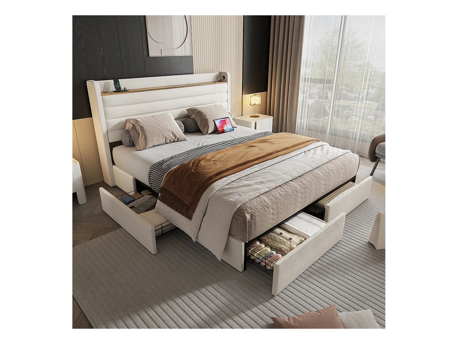 Cadre de lit moderne 140x200 cm beige en velours, tête de lit avec port USB et rangement, 4 tiroirs sous le cadre – confort et style combinés.