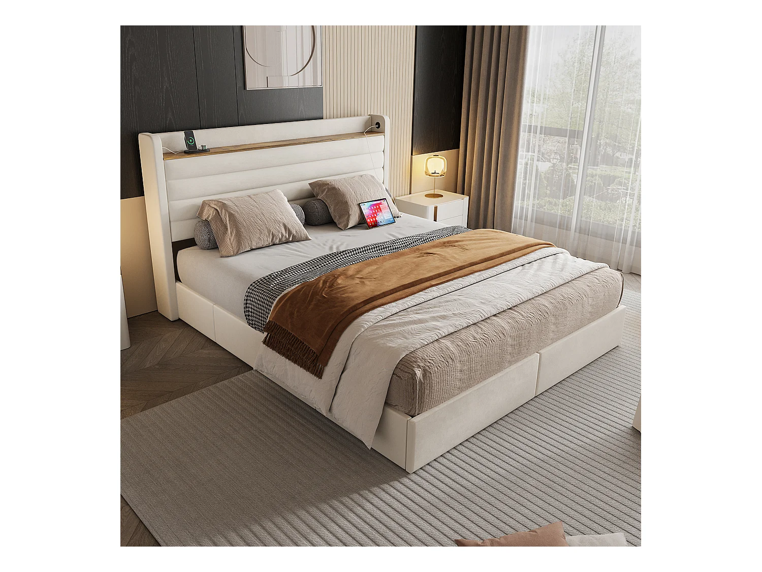 Cadre de lit moderne 140x200 cm beige en velours, tête de lit avec port USB et rangement, 4 tiroirs sous le cadre – confort et style combinés.