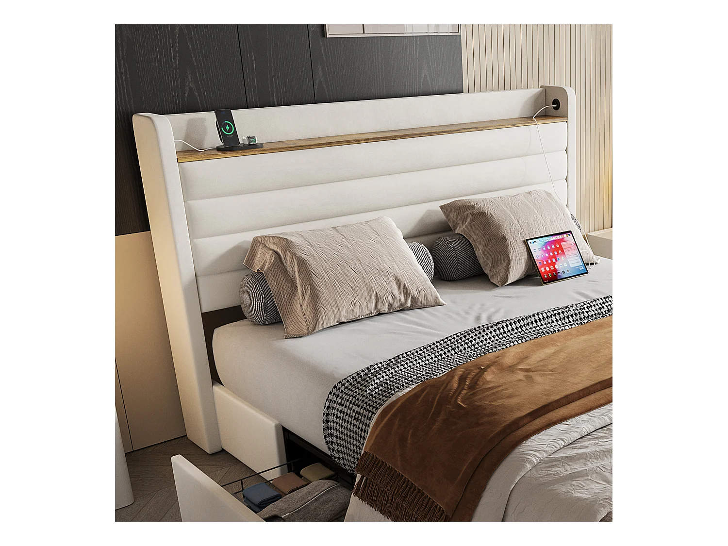 Cadre de lit moderne 140x200 cm beige en velours, tête de lit avec port USB et rangement, 4 tiroirs sous le cadre – confort et style combinés.