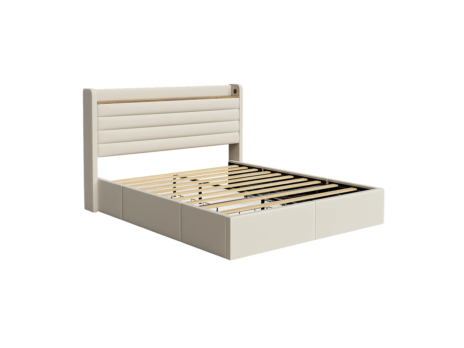 Cadre de lit moderne 140x200 cm beige en velours, tête de lit avec port USB et rangement, 4 tiroirs sous le cadre – confort et style combinés.