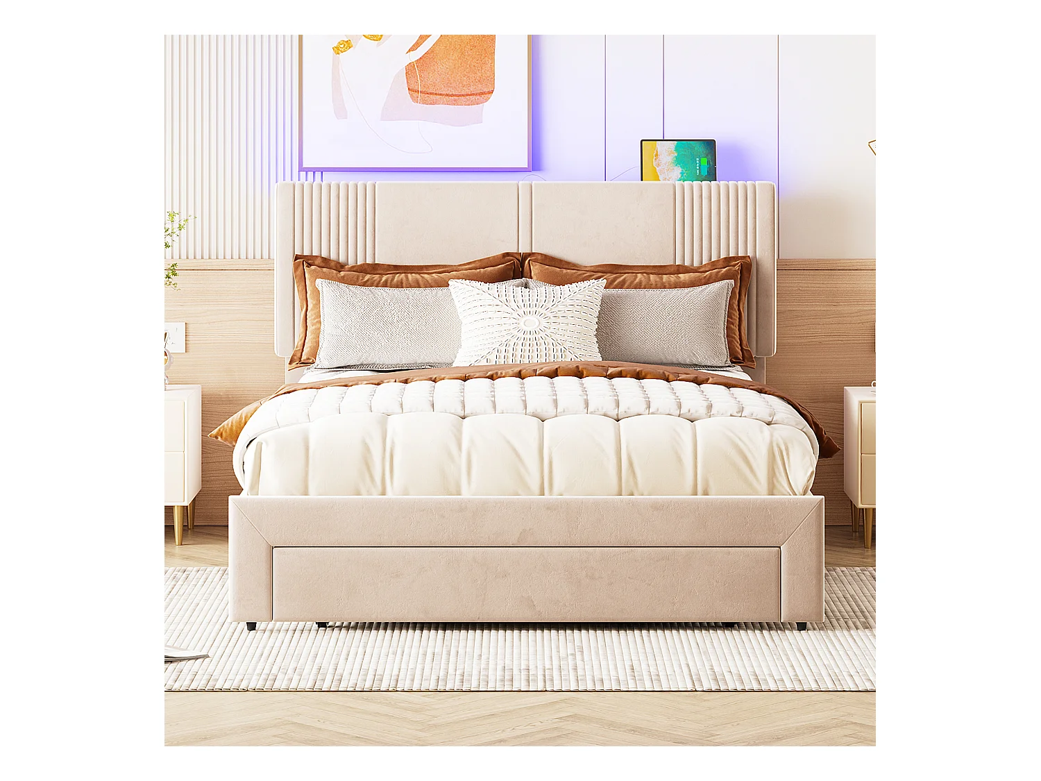 Lit 140 x 200 cm avec Éclairage, USB, Tête de Lit et Grand Tiroir, en Velours Beige