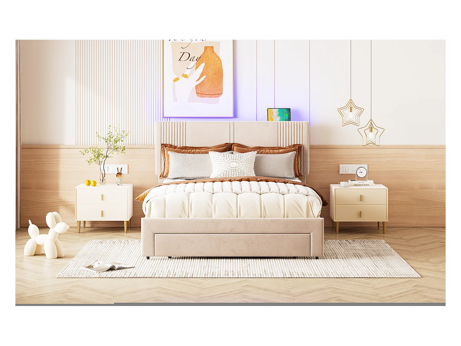 Lit 140 x 200 cm avec Éclairage, USB, Tête de Lit et Grand Tiroir, en Velours Beige