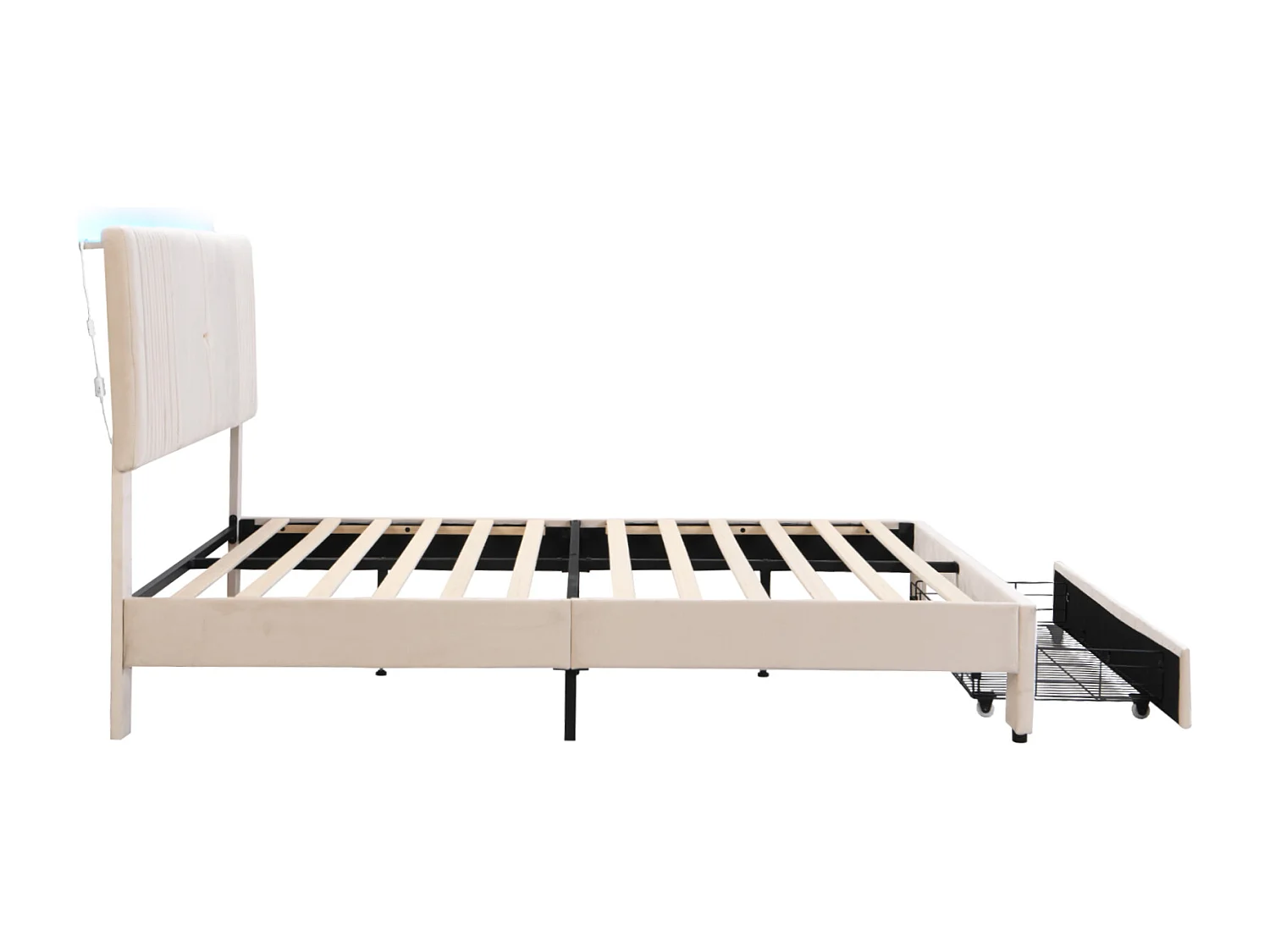 Lit 140 x 200 cm avec Éclairage, USB, Tête de Lit et Grand Tiroir, en Velours Beige