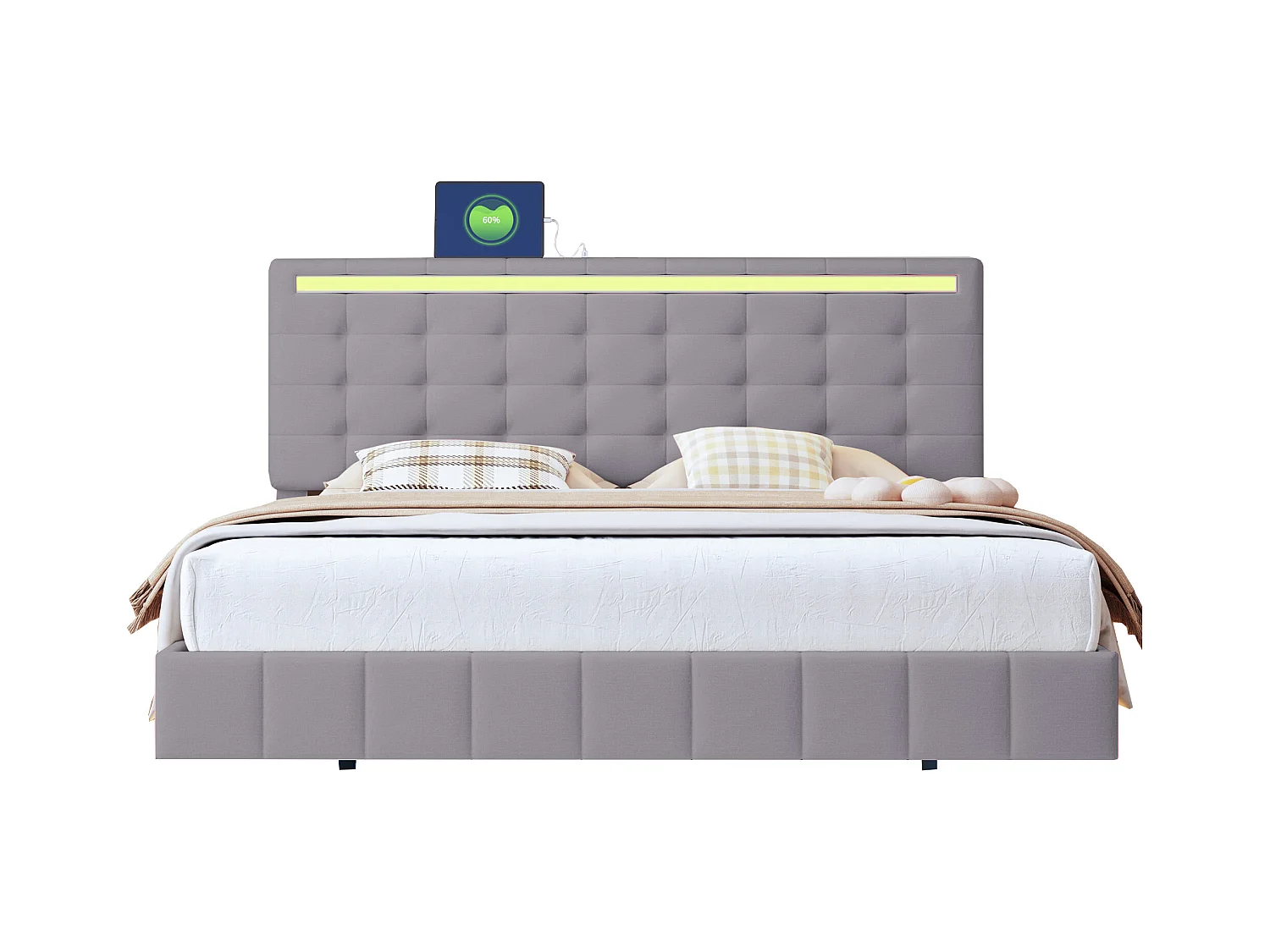 Lit rembourré 160x200 cm gris, cadre flottant avec LED, tête de lit design, lit double plat en lin doux pour la peau