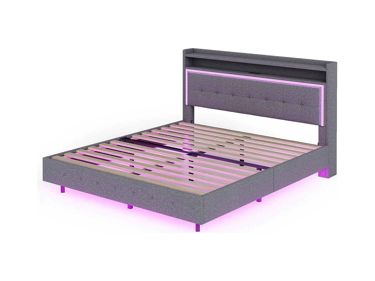 Lit 160 x 200 cm avec Port USB, LED et Design Caché, en Tissu Lin Gris