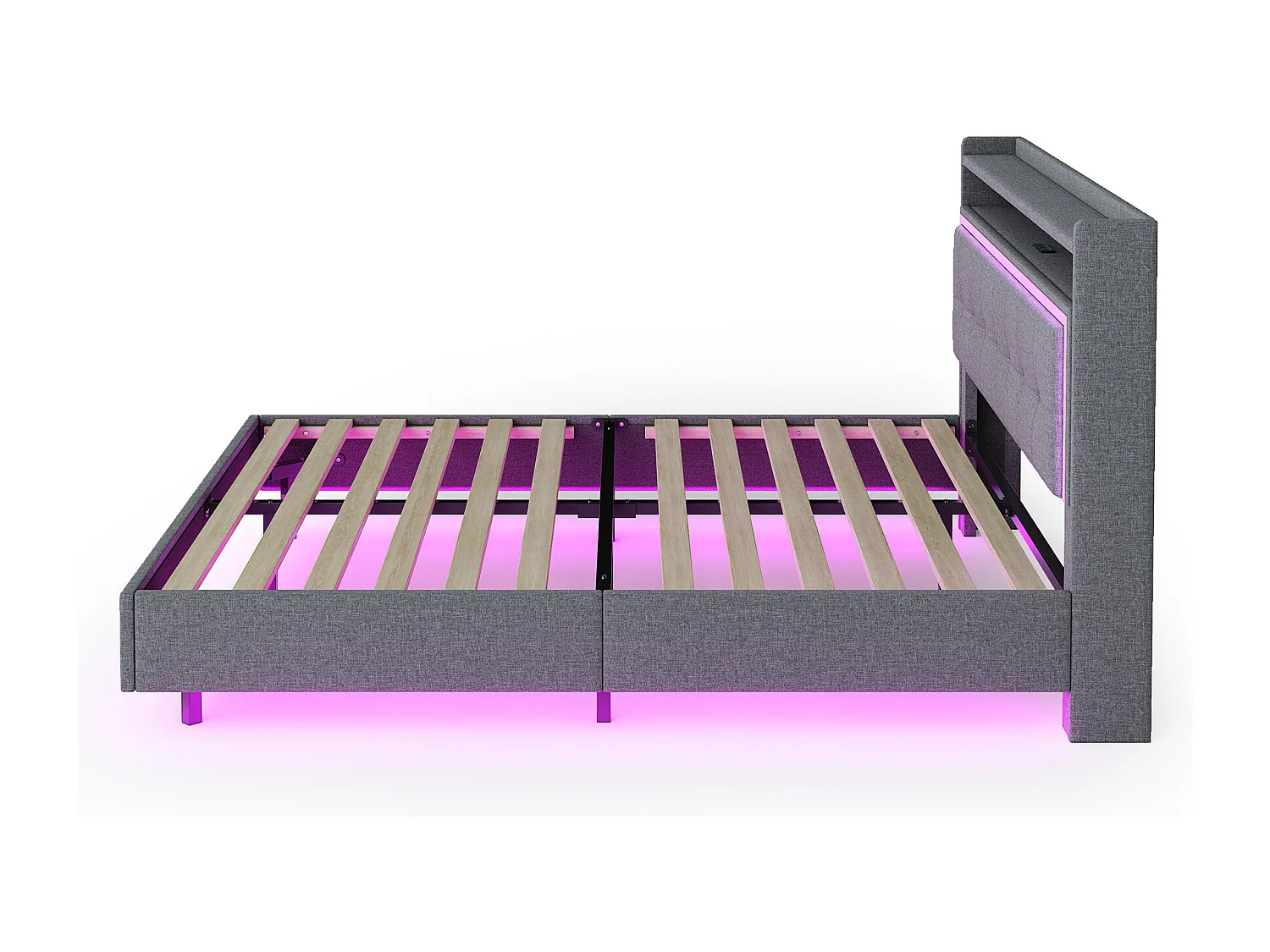 Lit 160 x 200 cm avec Port USB, LED et Design Caché, en Tissu Lin Gris