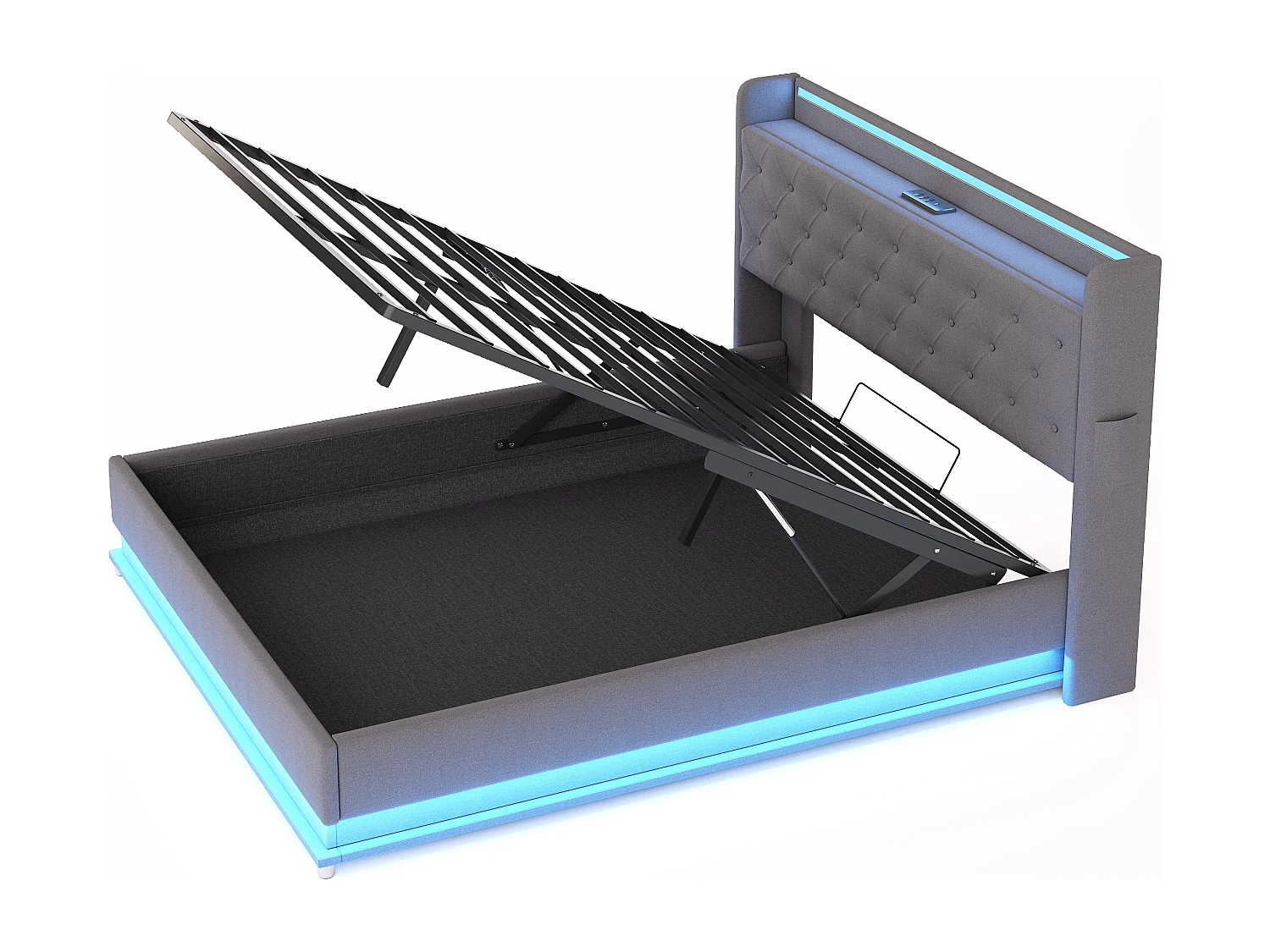 Lit LED 160 x 200 cm avec Port USB et Rangement Hydraulique, en Tissu Lin Gris