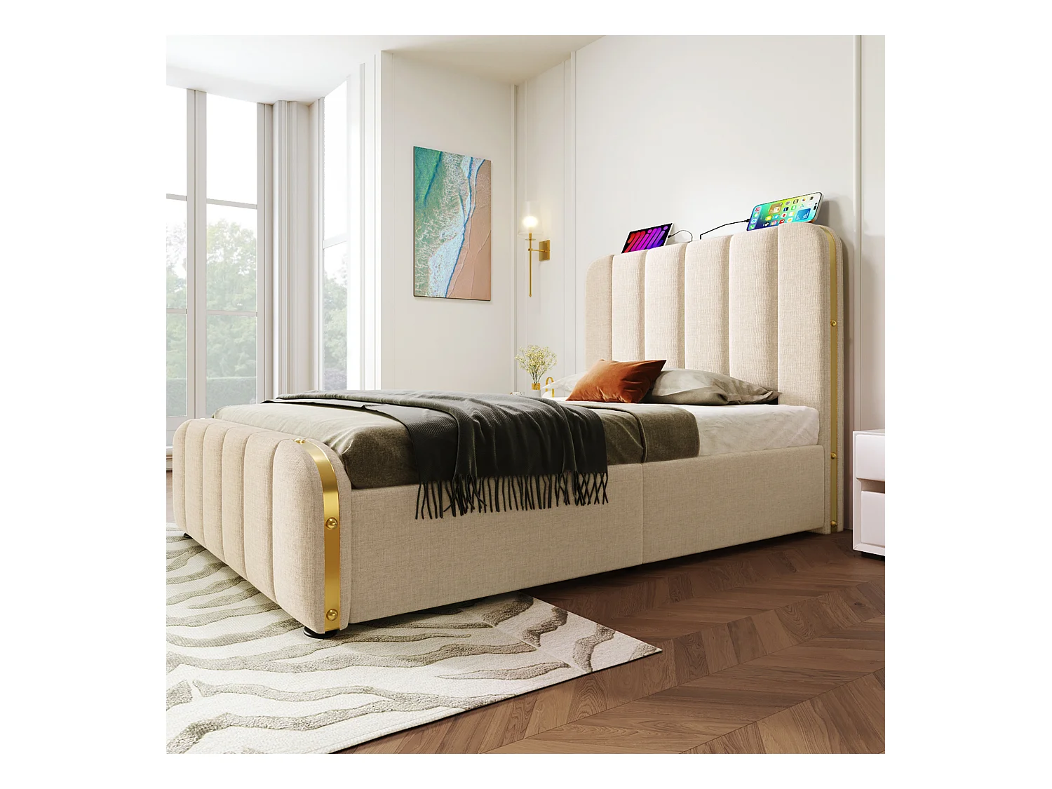 Lit individuel 90x200 avec tête de lit rembourrée, bandes décoratives dorées et port USB Type-C, lit de rangement hydraulique, beige, lin (sans matelas)