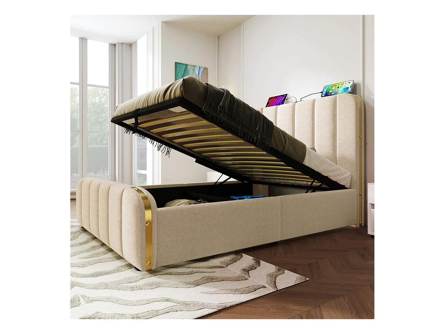 Lit individuel 90x200 avec tête de lit rembourrée, bandes décoratives dorées et port USB Type-C, lit de rangement hydraulique, beige, lin (sans matelas)