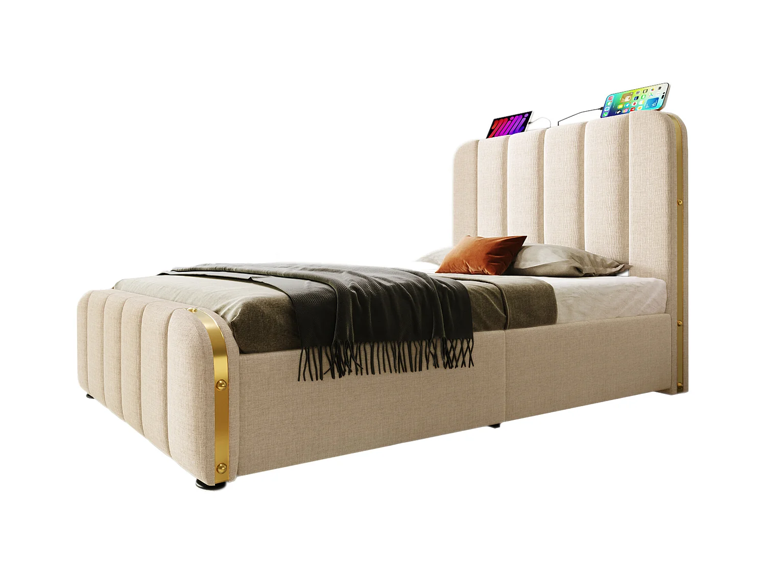Lit individuel 90x200 avec tête de lit rembourrée, bandes décoratives dorées et port USB Type-C, lit de rangement hydraulique, beige, lin (sans matelas)