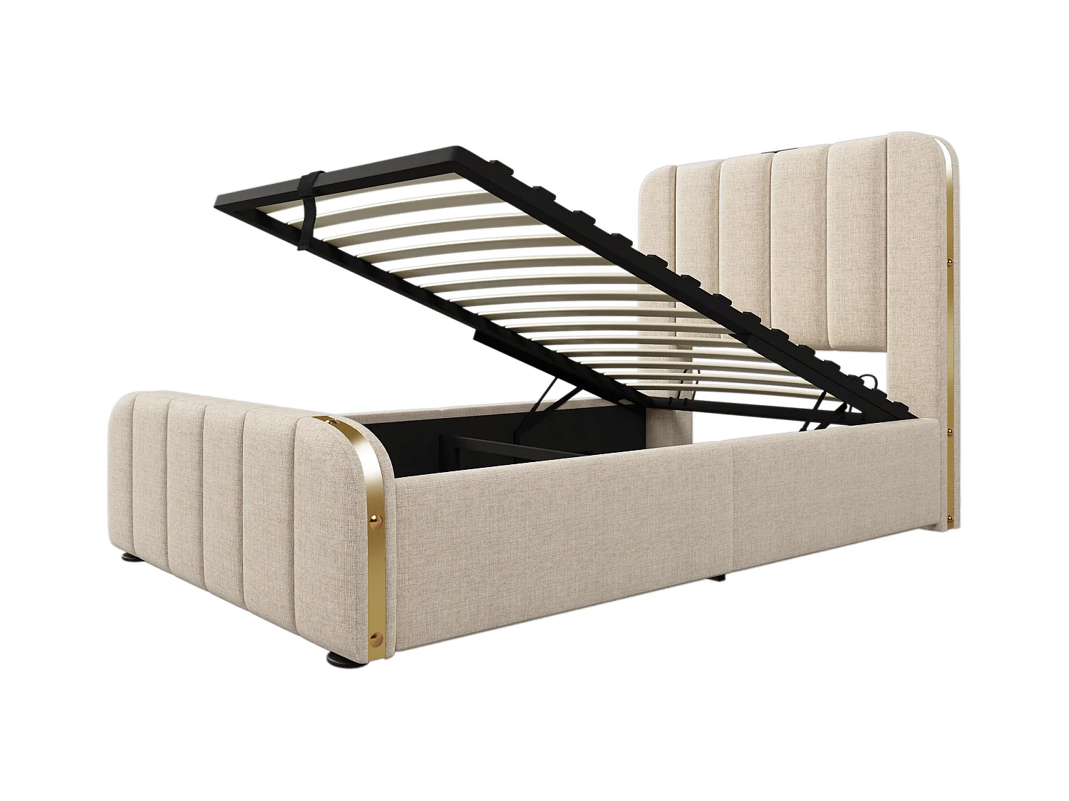 Lit individuel 90x200 avec tête de lit rembourrée, bandes décoratives dorées et port USB Type-C, lit de rangement hydraulique, beige, lin (sans matelas)