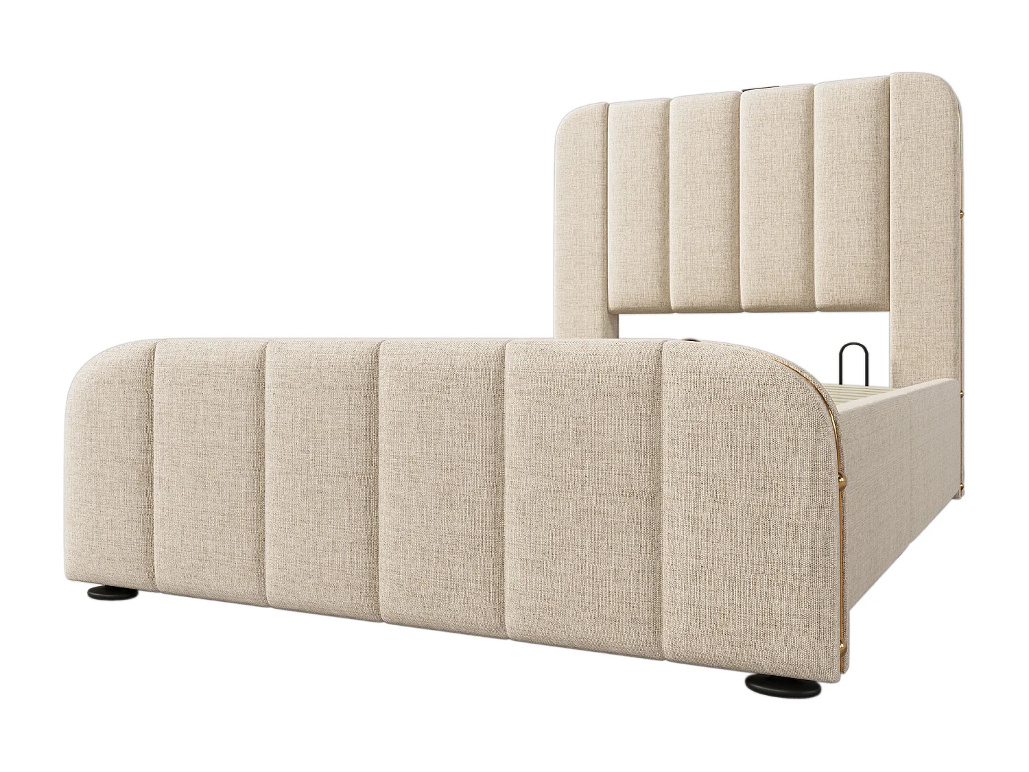 Lit individuel 90x200 avec tête de lit rembourrée, bandes décoratives dorées et port USB Type-C, lit de rangement hydraulique, beige, lin (sans matelas)