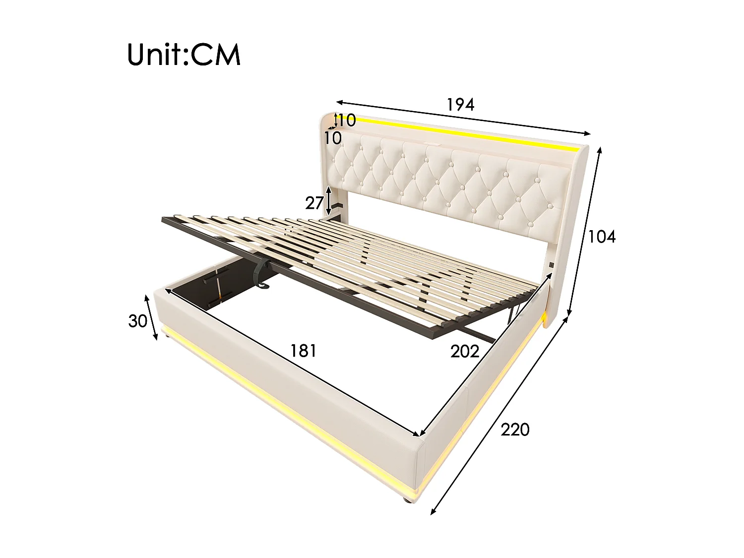 Lit double 180x200 blanc PU avec LED 360°, tête rembourrée, commande tactile/app/télécommande, USB Type-C, hydraulique (sans matelas)