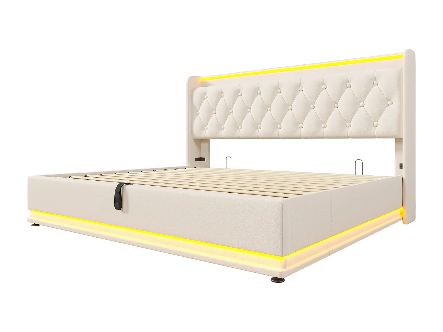 Lit double 180x200 blanc PU avec LED 360°, tête rembourrée, commande tactile/app/télécommande, USB Type-C, hydraulique (sans matelas)