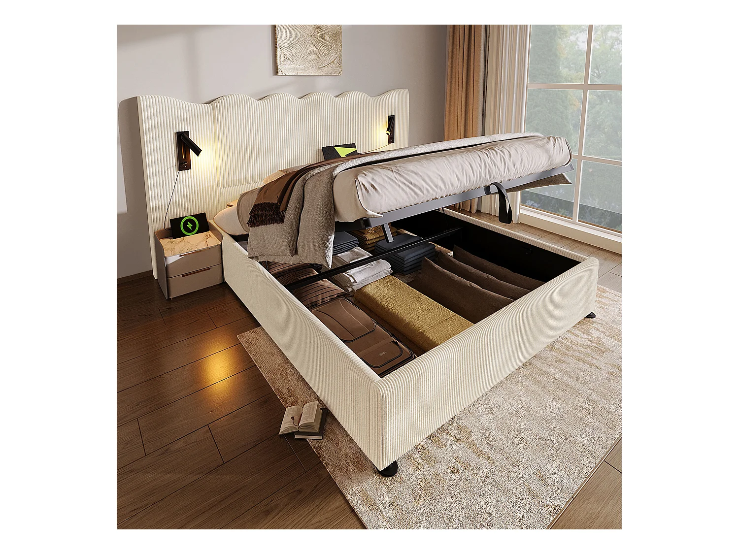 Lit double 180×200 avec lampe de lecture et port USB Type-C, structure en bois massif et métal, beige-blanc, tissu côtelé (sans matelas)