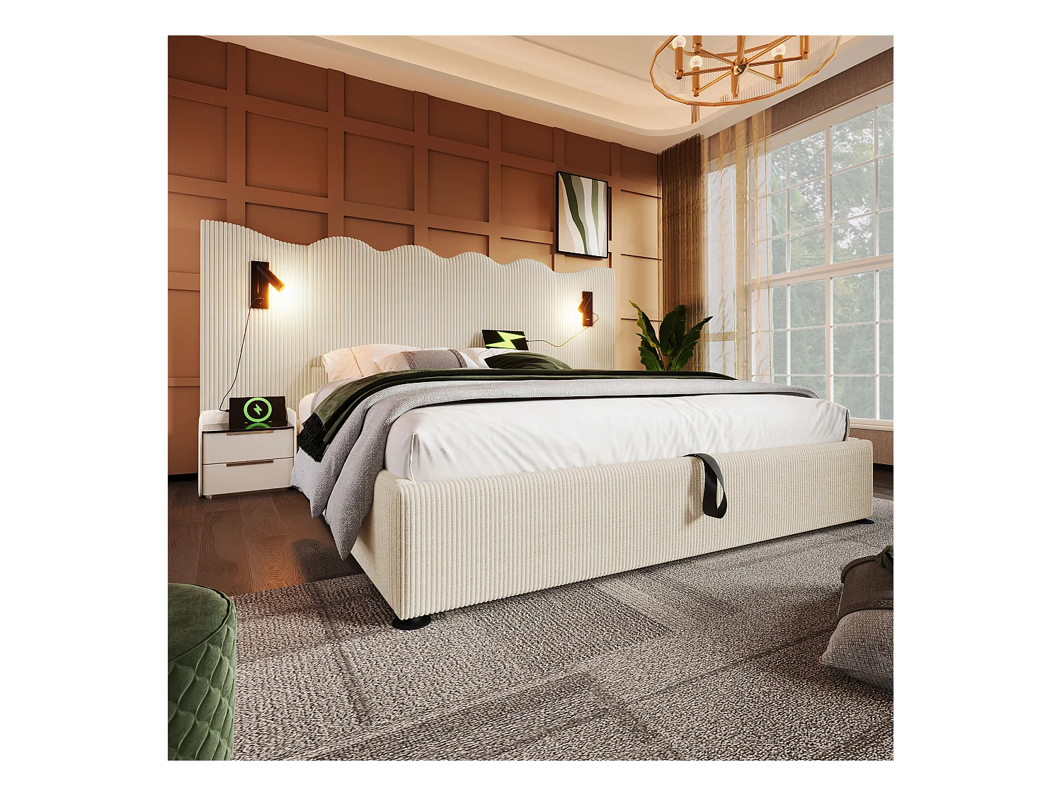Lit double 180×200 avec lampe de lecture et port USB Type-C, structure en bois massif et métal, beige-blanc, tissu côtelé (sans matelas)