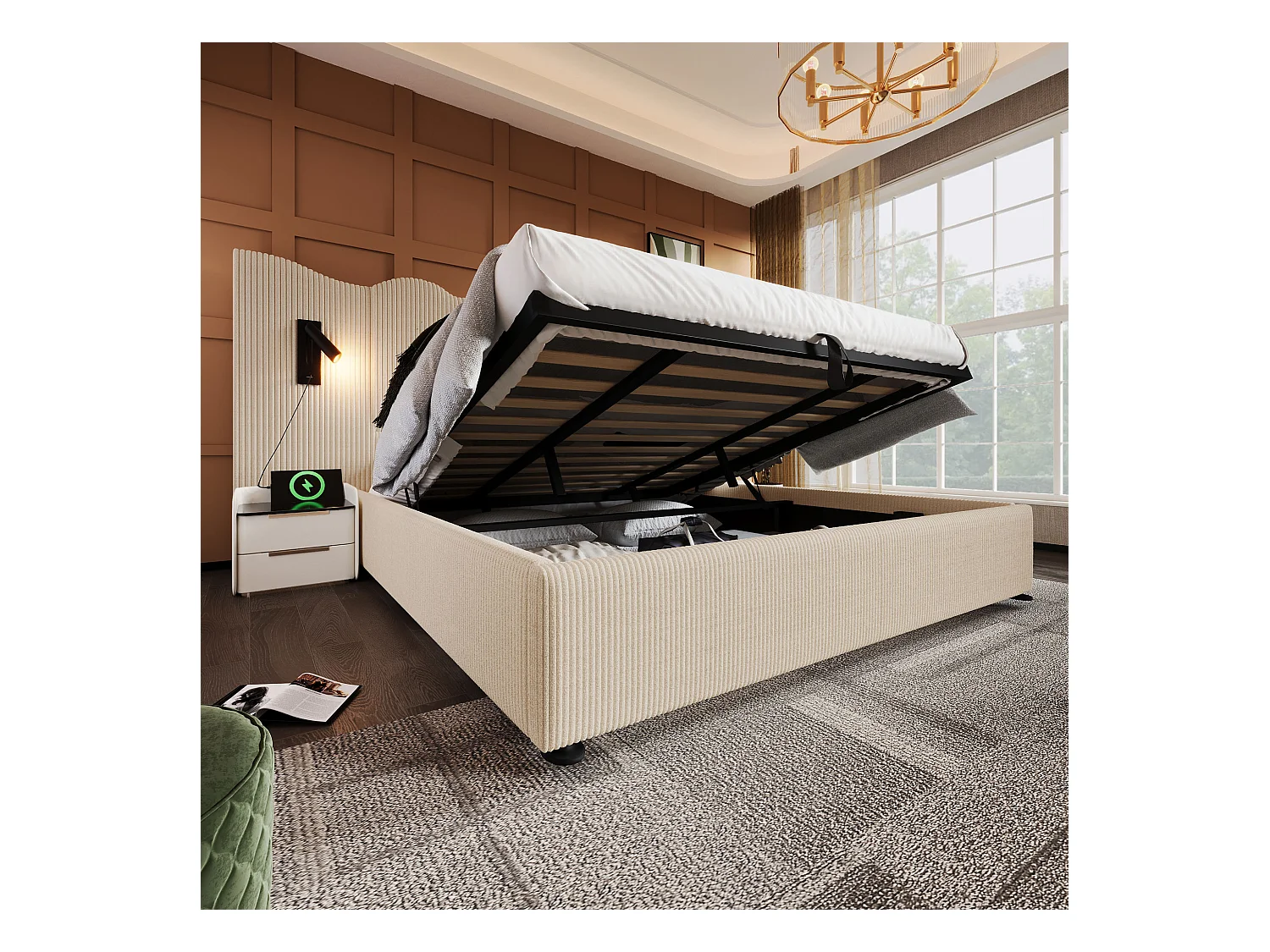 Lit double 180×200 avec lampe de lecture et port USB Type-C, structure en bois massif et métal, beige-blanc, tissu côtelé (sans matelas)