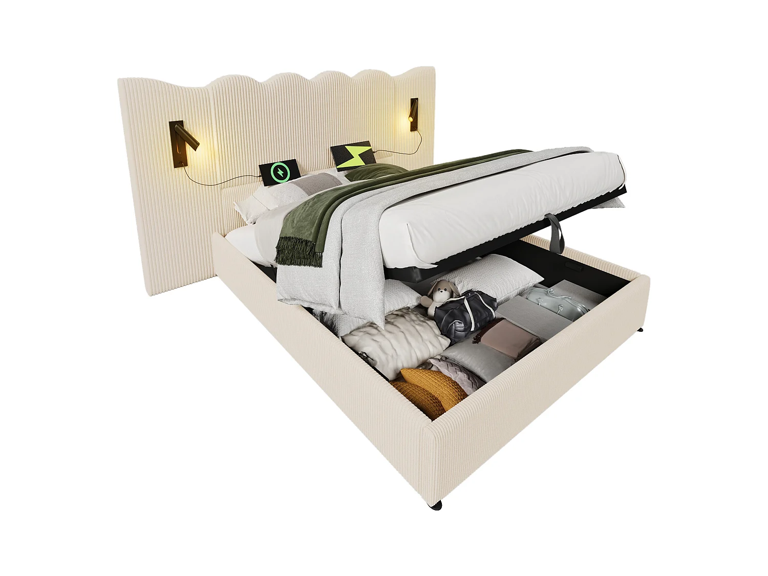 Lit double 180×200 avec lampe de lecture et port USB Type-C, structure en bois massif et métal, beige-blanc, tissu côtelé (sans matelas)