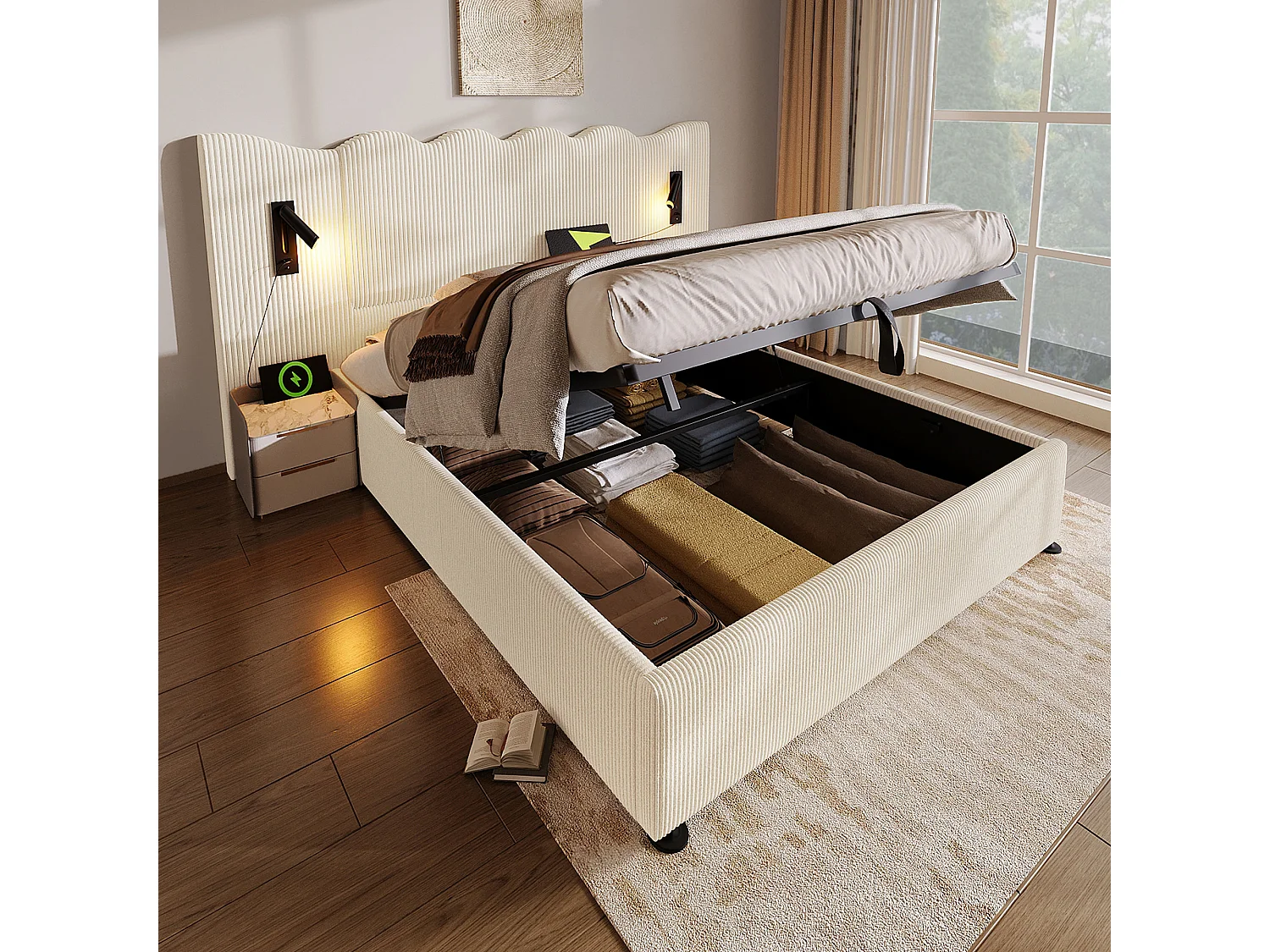 Lit double 180×200 avec lampe de lecture et port USB Type-C, structure en bois massif et métal, beige-blanc, tissu côtelé (sans matelas)