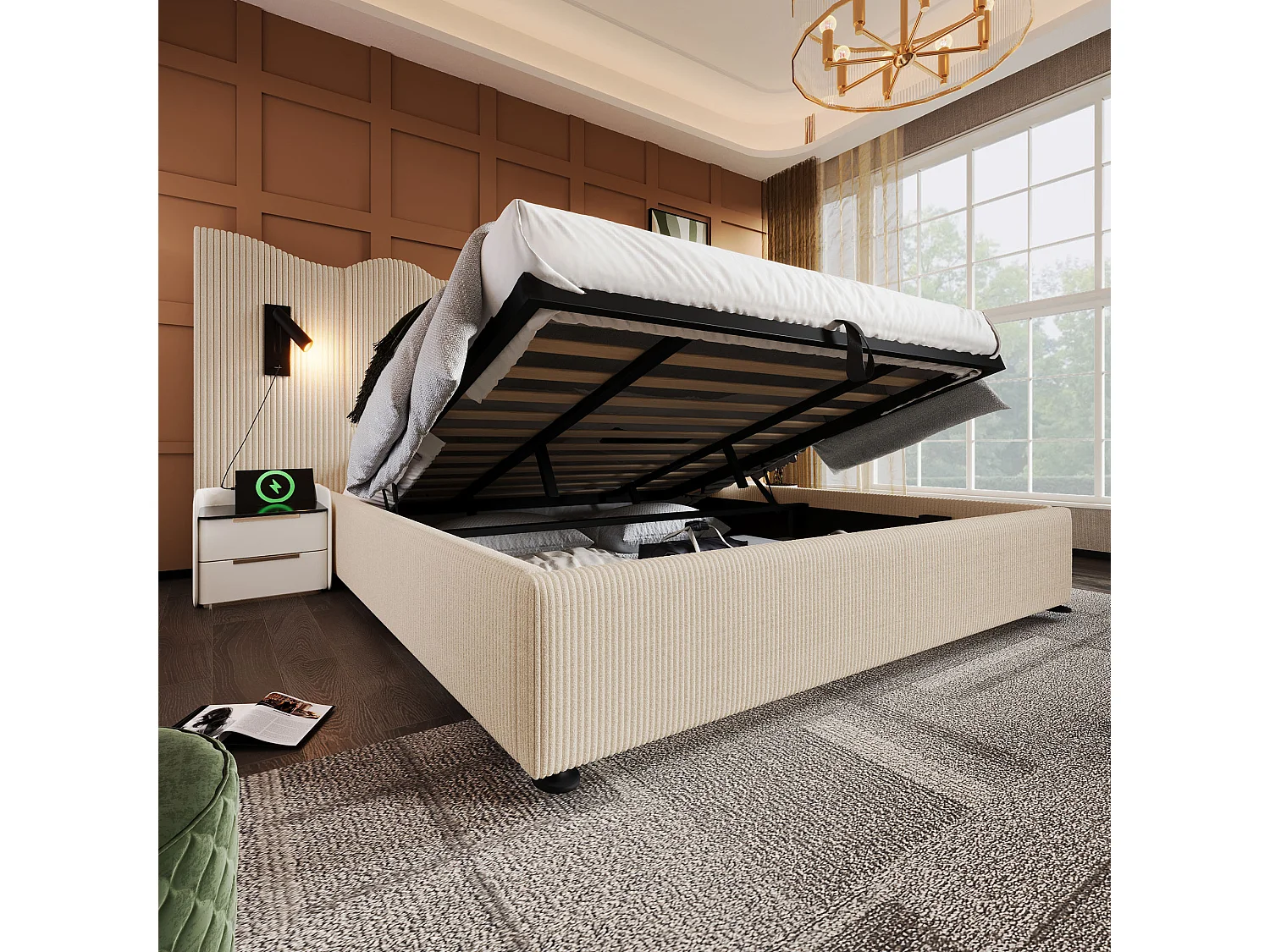 Lit double 180×200 avec lampe de lecture et port USB Type-C, structure en bois massif et métal, beige-blanc, tissu côtelé (sans matelas)