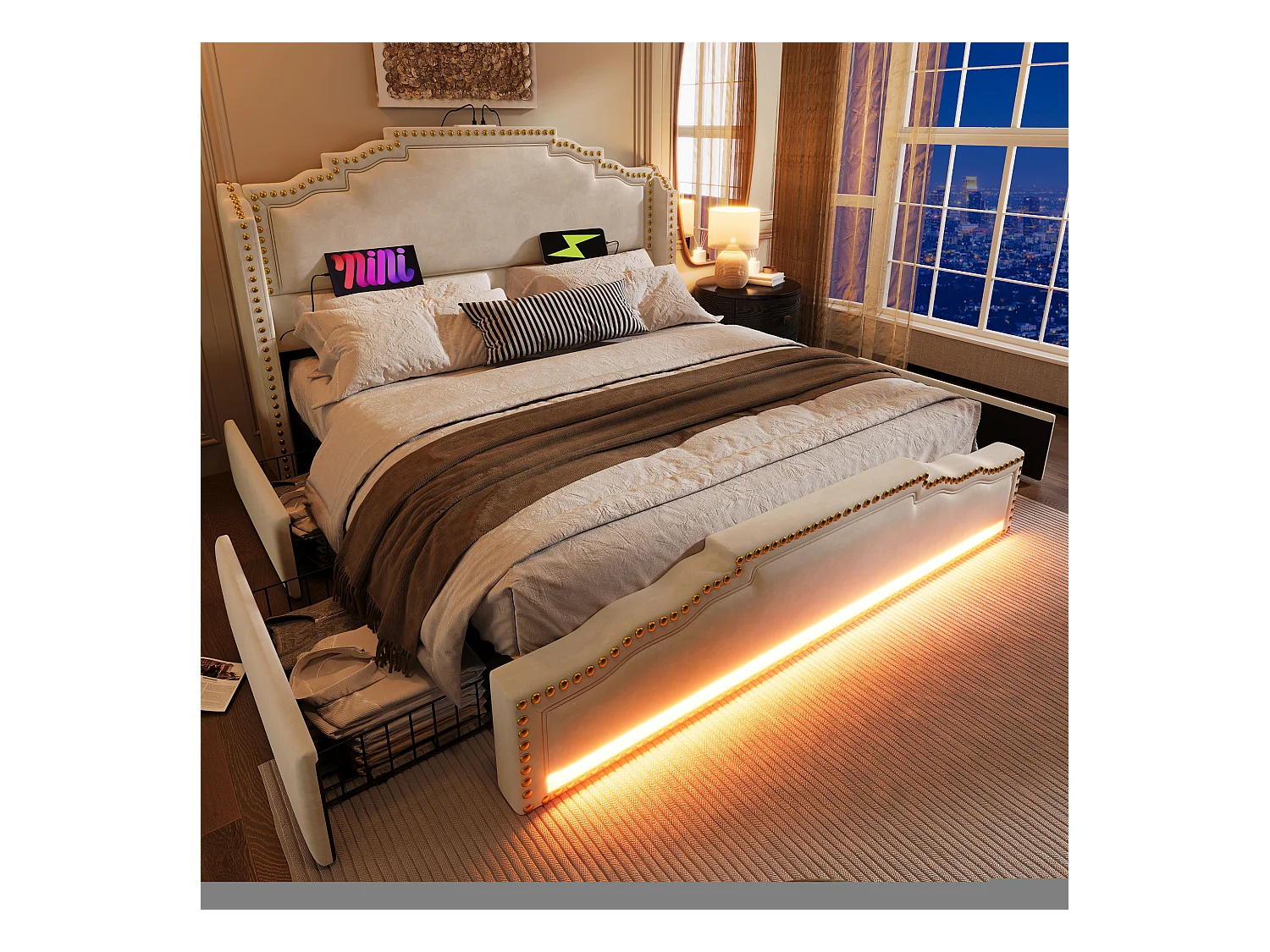 Lit tapissier double 140×200cm : 4 tiroirs, LED + prise USB-C, rangement + lit ado, lattes de support, velours, beige (sans matelas)