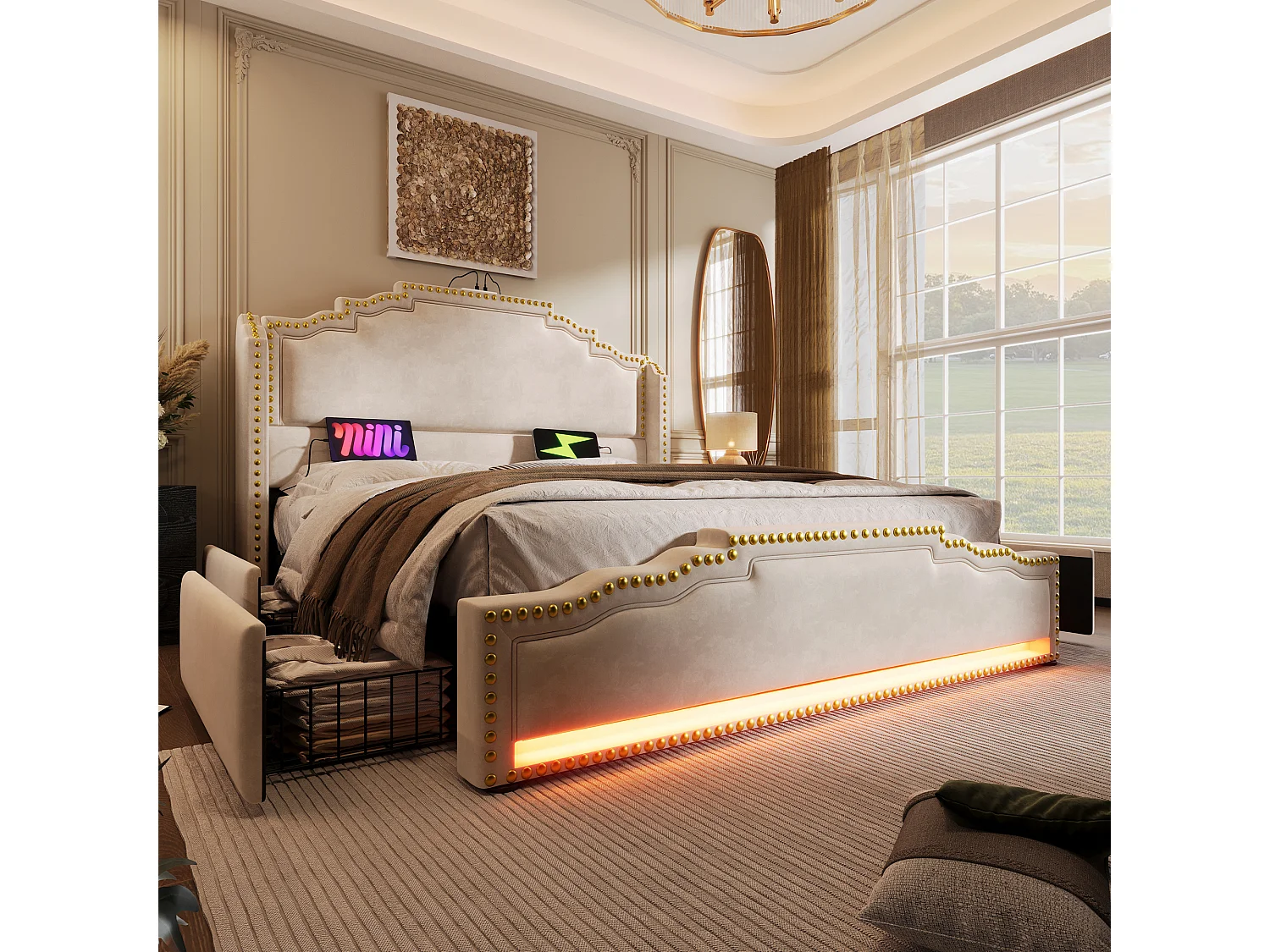 Lit tapissier double 140×200cm : 4 tiroirs, LED + prise USB-C, rangement + lit ado, lattes de support, velours, beige (sans matelas)