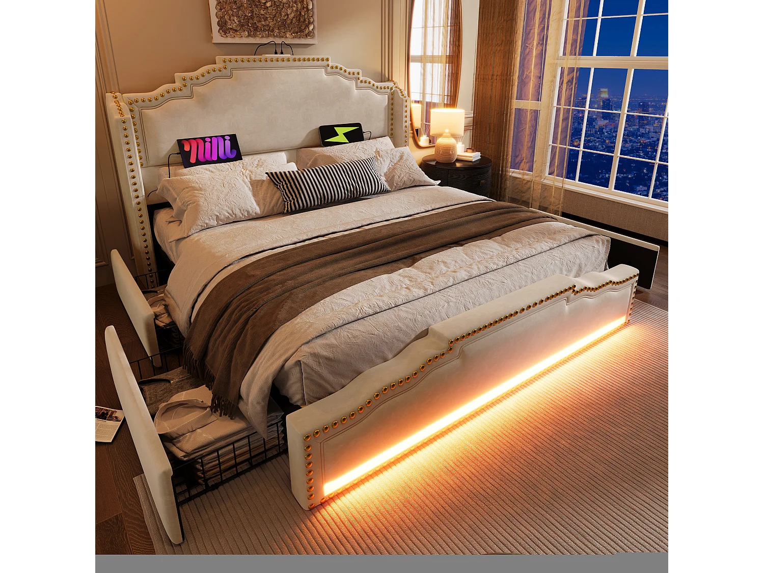 Lit tapissier double 140×200cm : 4 tiroirs, LED + prise USB-C, rangement + lit ado, lattes de support, velours, beige (sans matelas)
