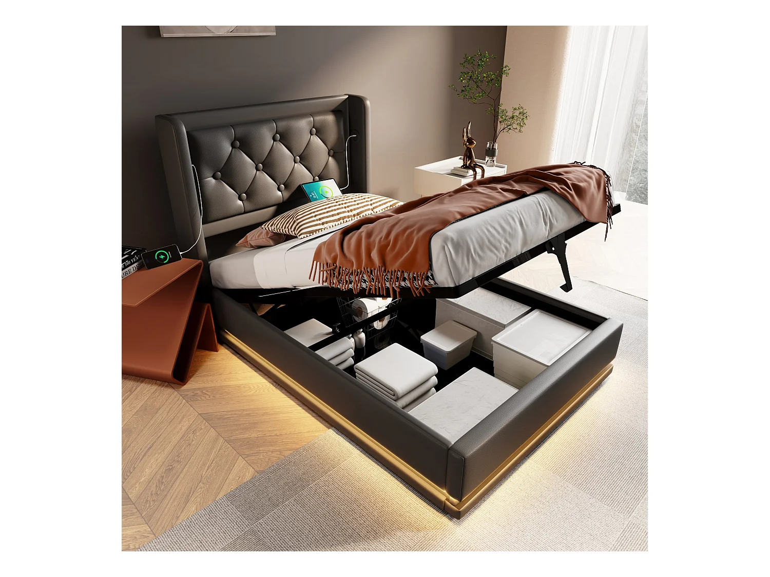 Lit simple 90x200 cm noir en PU avec LED 3 côtés, tête rembourrée, USB Type-C, lit coffre hydraulique (sans matelas)