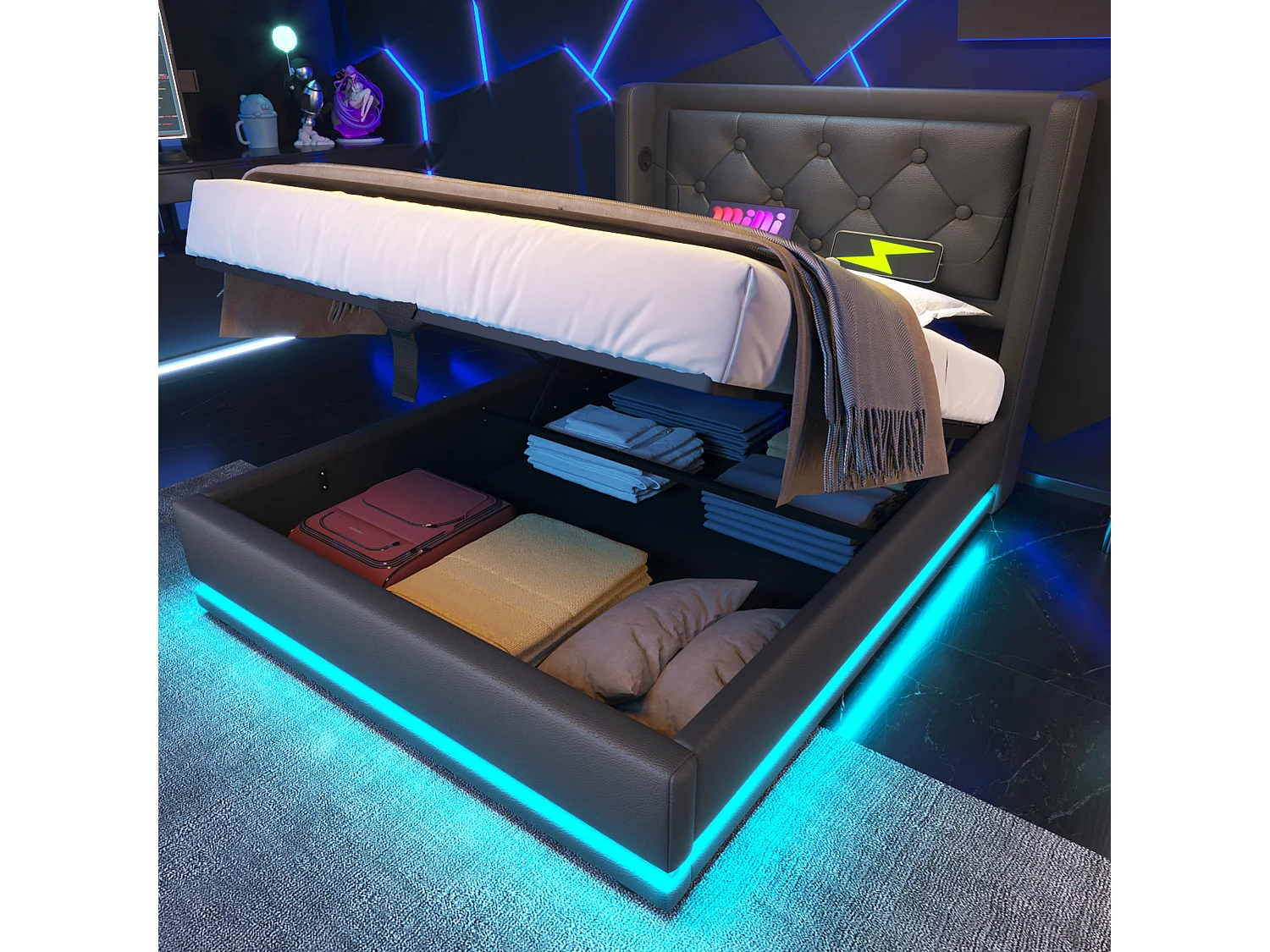 Lit simple 90x200 cm noir en PU avec LED 3 côtés, tête rembourrée, USB Type-C, lit coffre hydraulique (sans matelas)