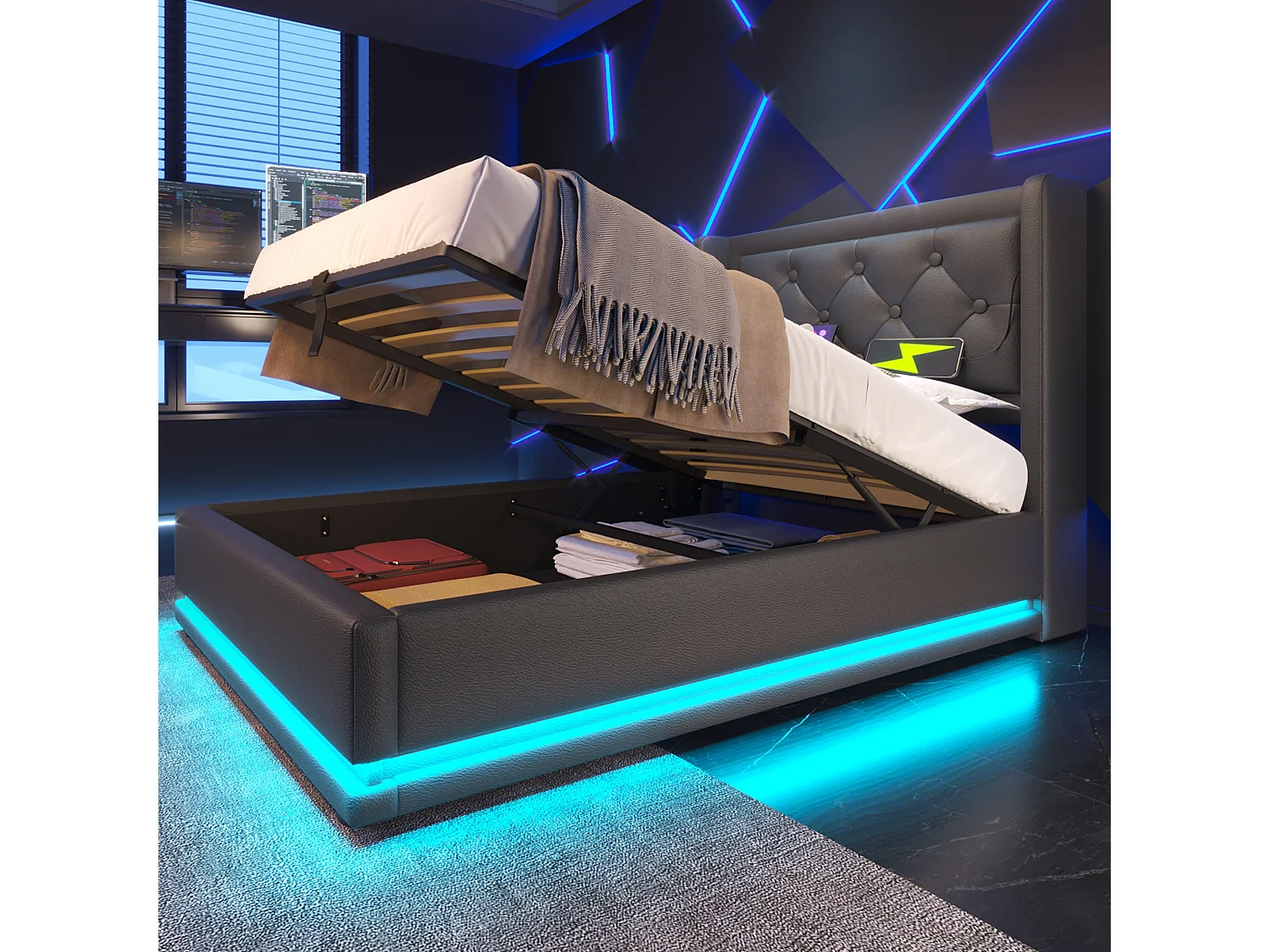 Lit simple 90x200 cm noir en PU avec LED 3 côtés, tête rembourrée, USB Type-C, lit coffre hydraulique (sans matelas)