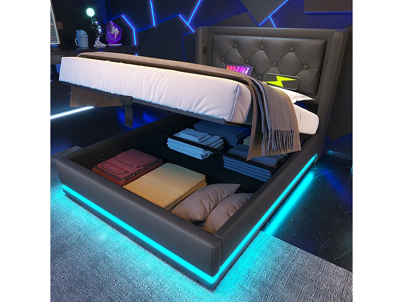 Lit simple 90x200 cm noir en PU avec LED 3 côtés, tête rembourrée, USB Type-C, lit coffre hydraulique (sans matelas)