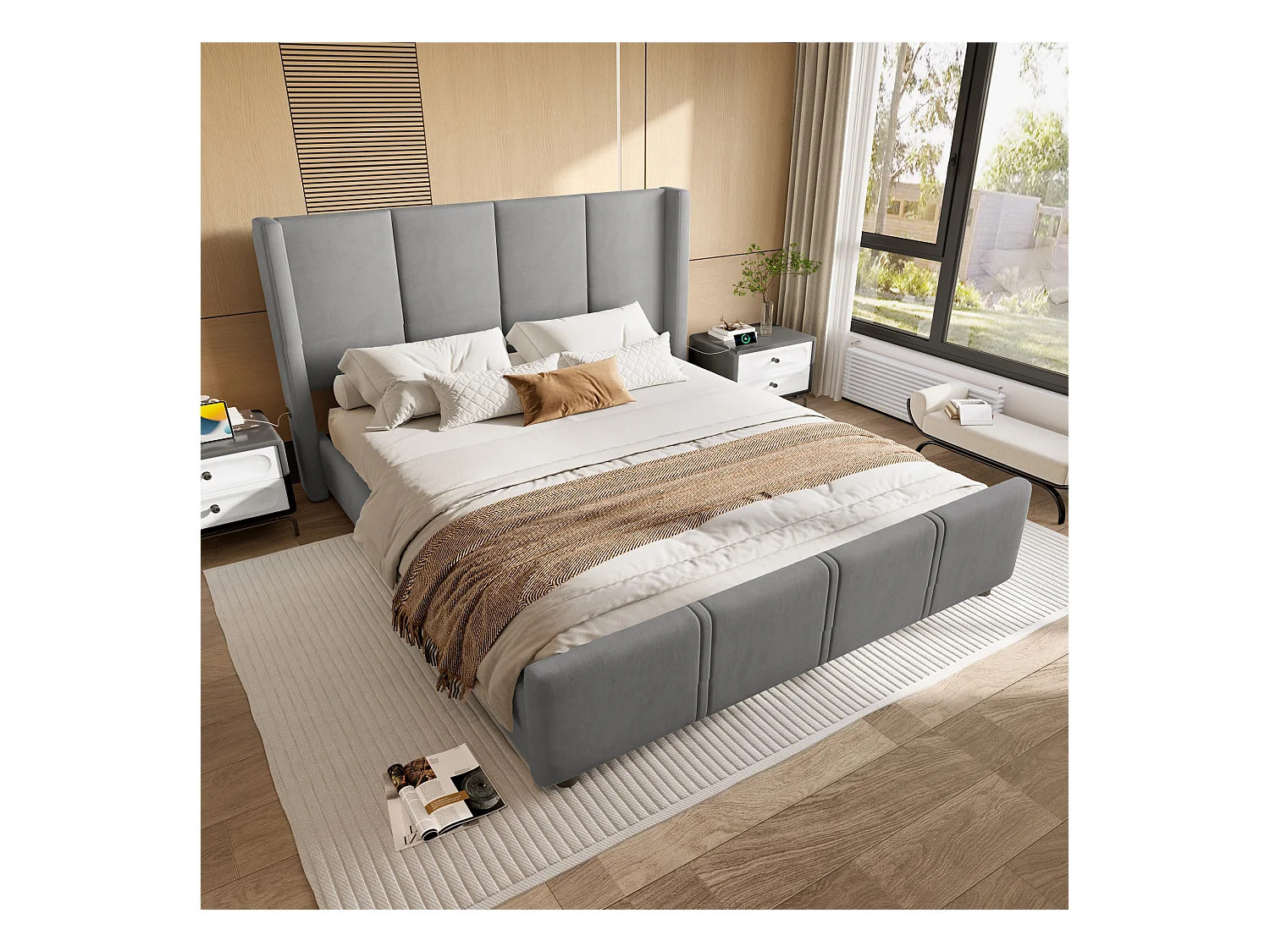 Cadre de lit capitonné élégant moderne 160x200cm (Gris) – Haut tête/pied de lit, port USB certifié, combo cadre acier/houtcombinatie, stable et durable