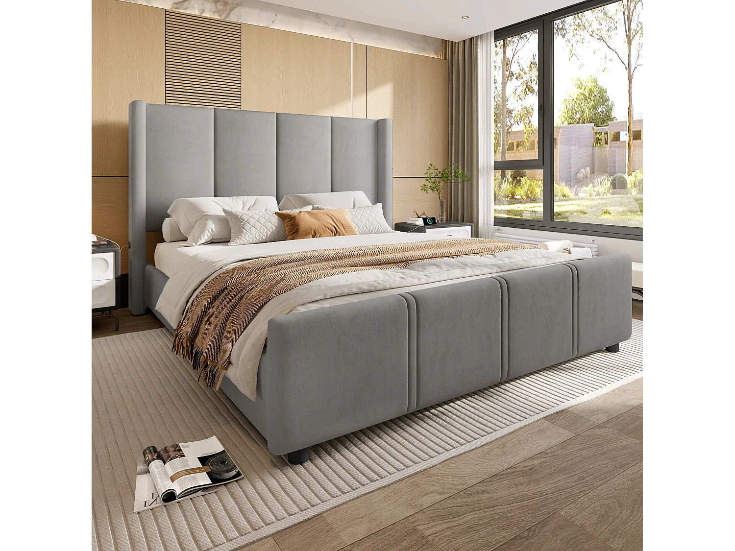 Cadre de lit capitonné élégant moderne 160x200cm (Gris) – Haut tête/pied de lit, port USB certifié, combo cadre acier/houtcombinatie, stable et durable